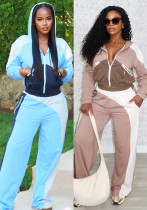 Fashion Women's Color Block Zipper Hoodies Wide Leg Elastic Waist Sport Long Pants Two-Piece Set