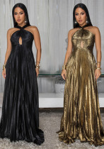 Fashion Women's Elegant Shiny Solid Color Pleated Long Dress