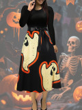 Women Halloween Long-Sleeved Round Neck Dress with Bow