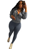 Fashion Women's Washed Zipper Hooded Top Yoga Pants Sport Casual Two-Piece Set