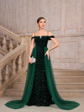 Women's Sequin Long Train Evening Gown Elegant Wedding Formal Party Prom Dress
