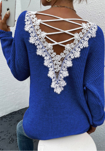 Women Lace Patchwork Sexy Backless Cutout V-Neck Long-Sleeved Sweater