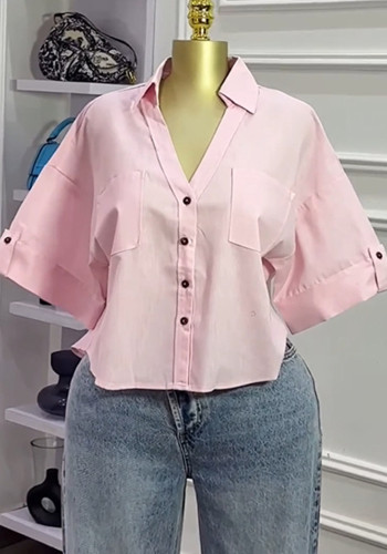 Women's Autumn Turndown Collar Loose Fashion Short Sleeve Shirt Top