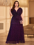 Plus Size Long Formal Party Evening Gown Elegant Pleated Mesh Shiny See-Through Prom Dress
