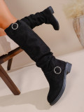 Autumn Winter Pleated Stacked Boots Women SChunky Heel Platform Suede Boots