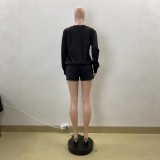 Autumn Black Casual Slash Shoulder Long Sleeve Top Shorts Set