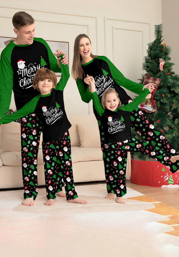 Christmas Family Wear Long-Sleeved Top and Pants with Santa Claus Letter Green Pajama Set