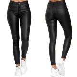 Women's Fashion High-Waist Solid Color Leather Casual Tight Pants