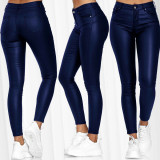 Women's Fashion High-Waist Solid Color Leather Casual Tight Pants