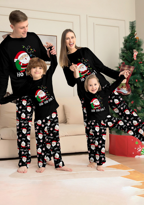 Christmas Santa Backpack Lights Print Black Pajama Set