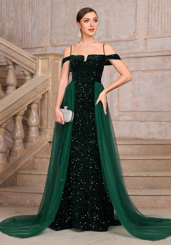 Women's Sequin Long Train Evening Gown Elegant Wedding Formal Party Prom Dress