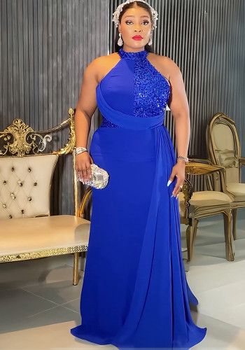 Plus Size Women's Long Dress African Fashion Elegant Sexy Halter Neck Slim Waist Evening Gown