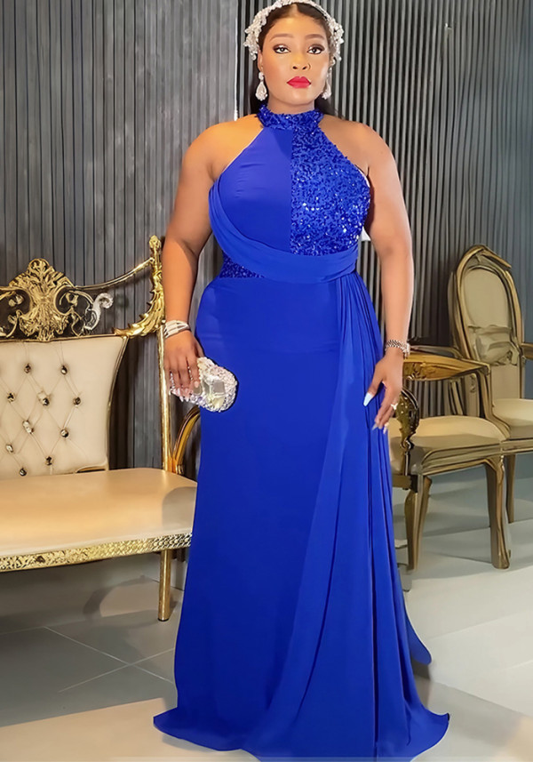 Plus Size Women's Long Dress African Fashion Elegant Sexy Halter Neck Slim Waist Evening Gown