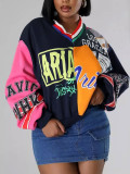 Trendy Women's Street Hip-Hop Fashion Patchwork Contrast Color Print Loose Casual Round Neck Long Sleeve Top
