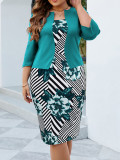 Plus Size Women's Autumn Square Neck Contrast Geometric Pattern Chic Elegant Bodycon Dress