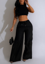 Fashion Women's Sleeveless Crop Top + High-Waist Drawstring Wide-Leg Pants Set Casual Street Two-Piece Set Fashion Women's Sleeveless Crop Top + High-Waist Drawstring Wide-Leg Pants Set Casual Street Two-Piece Set