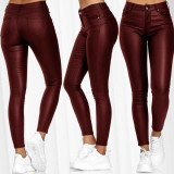 Women's Fashion High-Waist Solid Color Leather Casual Tight Pants