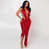 Women Sexy Halter Neck Backless Ribbon Cropped Jumpsuit
