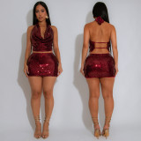 Fashion Women's Sexy Low Back Sequin Top Short Skirt Two-Piece Set