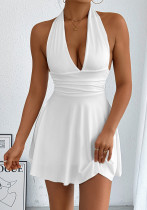 Women lace-up V-neck sexy backless pleated lace-up dress