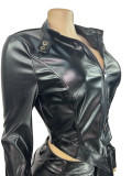 Fashion Women's Leather Stand Collar Zipper Long Sleeve Top Shorts Two-Piece Set