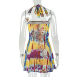 Color Block Print Women's Slim Waist Trendy A-Line Short Dress