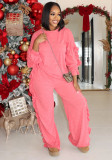 Winter Ruffle Patchwork Long Sleeve Solid Color Two-Piece Women's Pants Set