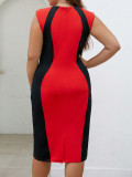 Plus Size Fashion Contrast Color Career Sleeveless Round Neck Women's Bodycon Dress