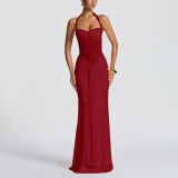 Halter Neck Tie Mesh Patchwork Long Dress