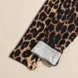 Leopard Print Women's Drawstring Crop Top Tight Fitting Long Sleeve T-Shirt