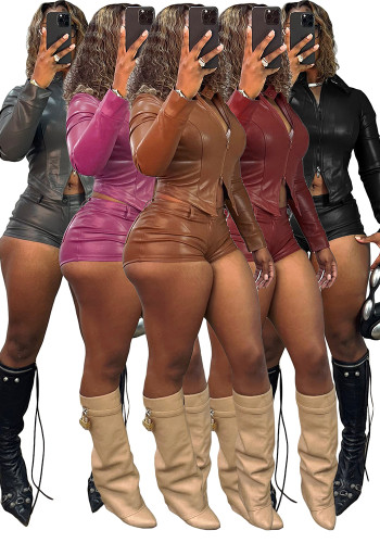 Fashion Women's Leather Stand Collar Zipper Long Sleeve Top Shorts Two-Piece Set