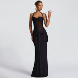 Halter Neck Tie Mesh Patchwork Long Dress