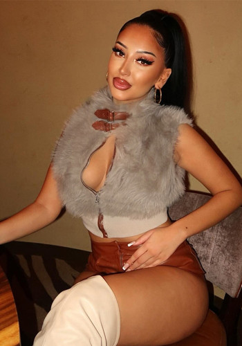 Women Fall/Winter Sleeveless Plush Zipper Metal Pu-Leather Buckle Crop Top