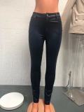 Women's Fashion High-Waist Solid Color Leather Casual Tight Pants