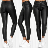 Women's Fashion High-Waist Solid Color Leather Casual Tight Pants