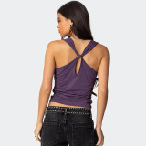 Women Spring/Summer Sexy Pleated Cross Halter Neck Top