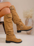 Autumn Winter Pleated Stacked Boots Women SChunky Heel Platform Suede Boots