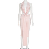 Women Sexy Halter Neck Backless Ribbon Cropped Jumpsuit