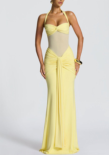 Halter Neck Tie Mesh Patchwork Long Dress