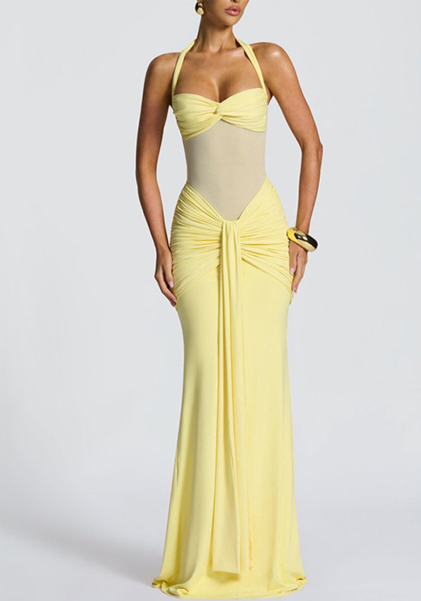 Halter Neck Tie Mesh Patchwork Long Dress