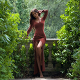 Women Knitting Round Neck Long-Sleeved Sexy Slit French Maxi Dress