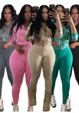 Fashion Women's Washed Zipper Hooded Top Yoga Pants Sport Casual Two-Piece Set