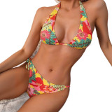 Women Printed Halter Neck Lace-Up Backless Sexy Two-Piece Swimwear