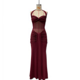Halter Neck Tie Mesh Patchwork Long Dress