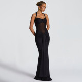 Halter Neck Tie Mesh Patchwork Long Dress