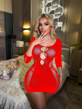Women long-sleeved ripped mesh bodysuit and backless lingerie set