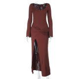 Women Knitting Round Neck Long-Sleeved Sexy Slit French Maxi Dress