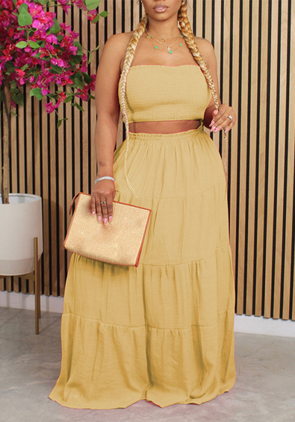 Summer Strapless Top High-Waist Long Skirt Holidays Fashion Casual Two-Piece Set