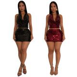 Fashion Women's Sexy Low Back Sequin Top Short Skirt Two-Piece Set