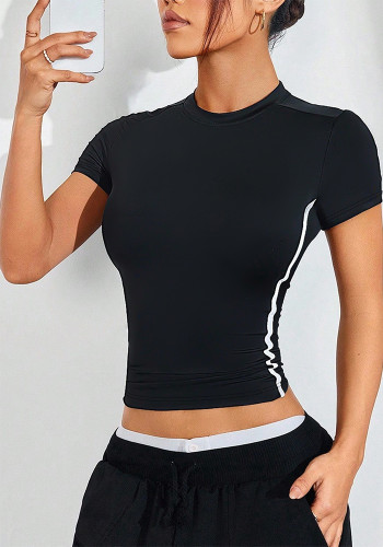 Women Yoga Fitness Round Neck T-Shirt Contrast Color Sports Top
